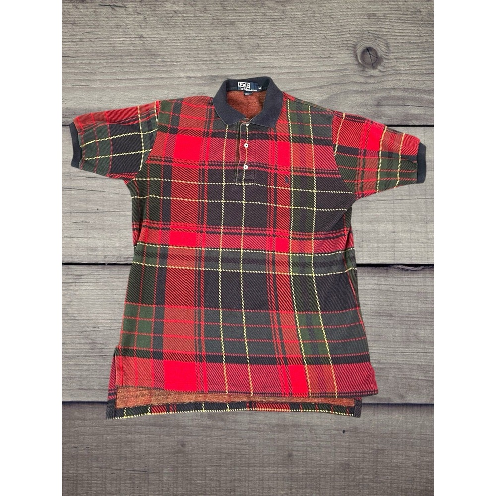 Vintage Polo Ralph Lauren Mens Polo Shirt M Red Green Plaid Rugby Made In USA